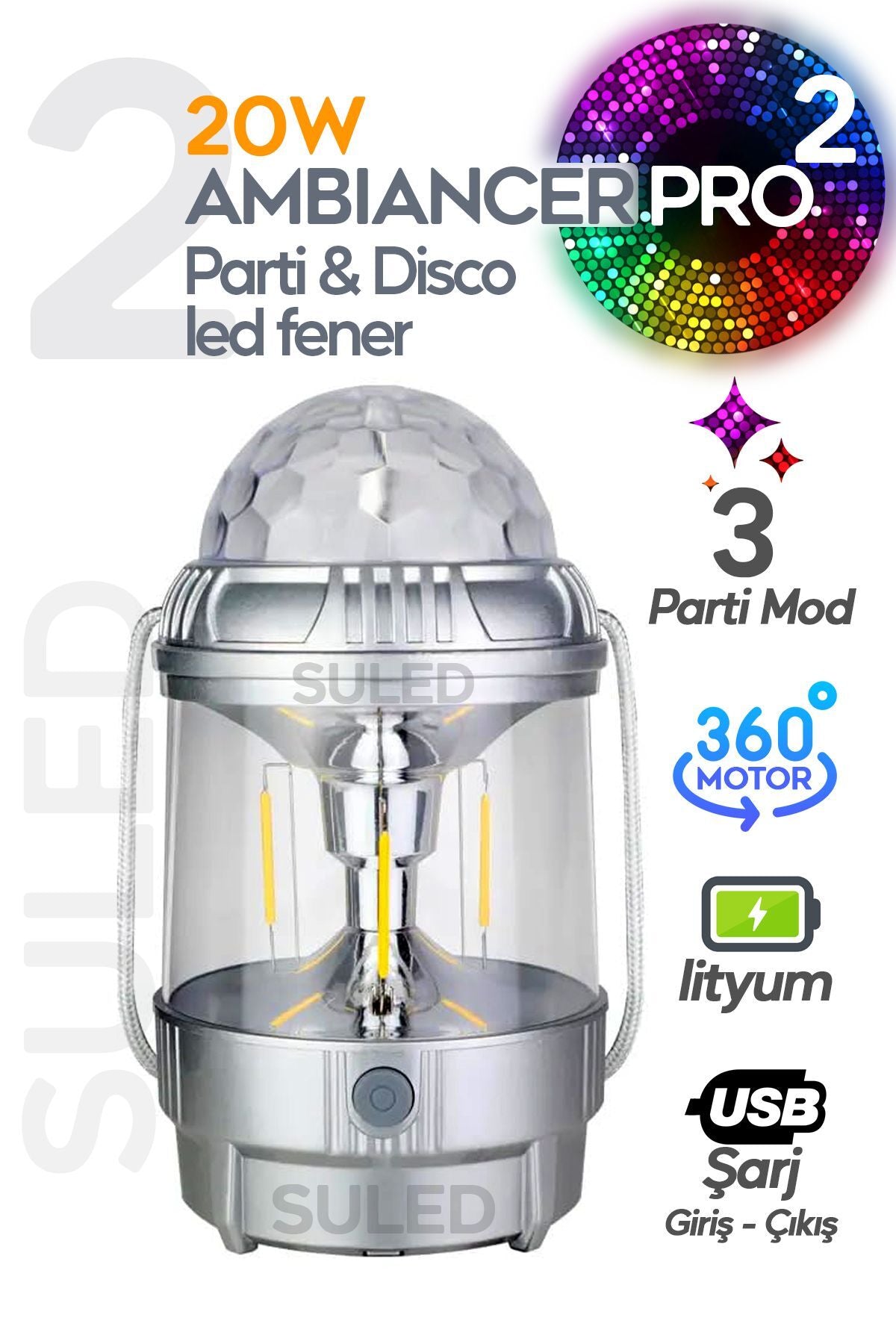 Kamp & Disco 3 Modlu Parti Işığı 20W USB Şarjlı TYPE-C Çıkışlı El Feneri Çok Fonksiyonlu Led Lamba