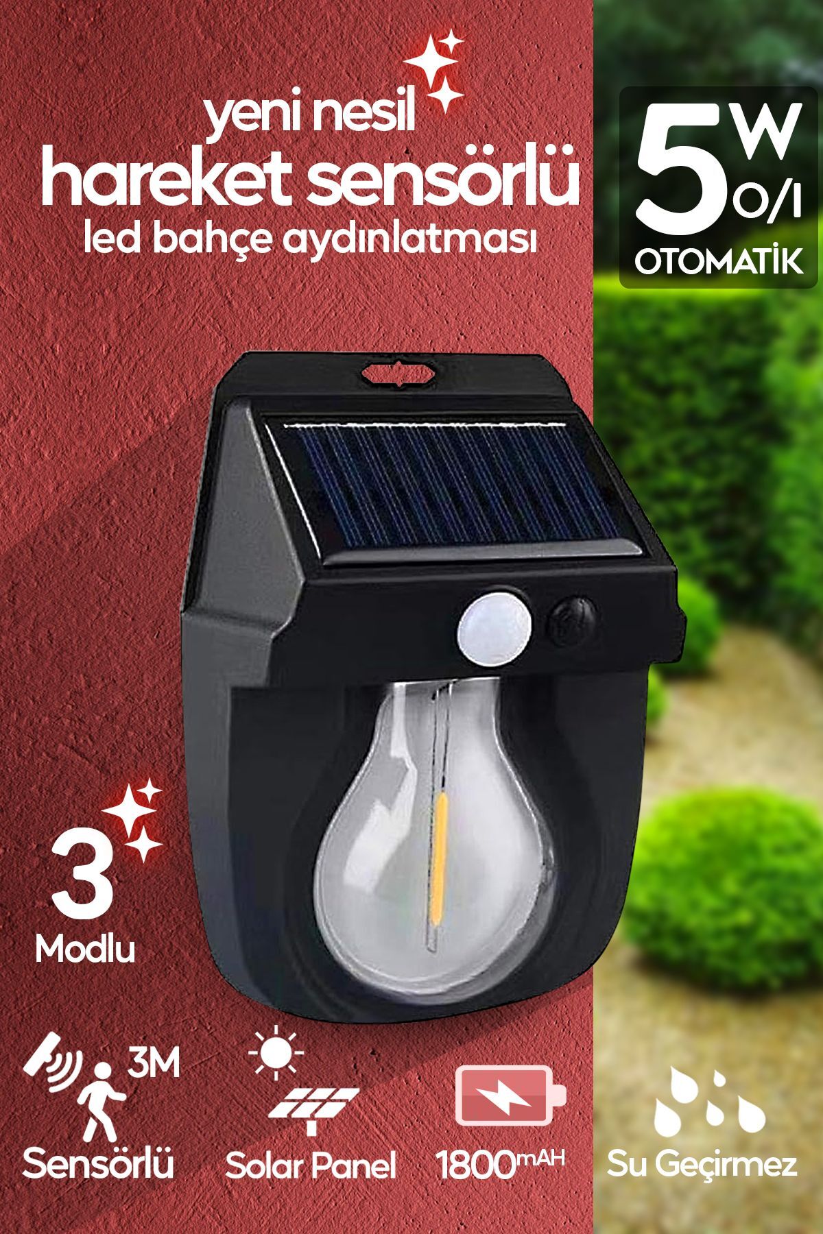 Hareket Sensörlü Bahçe Aydınlatması 5W Lityum Pilli Led Işık Solar Şarjlı Otomatik Dış Mekan Lamba