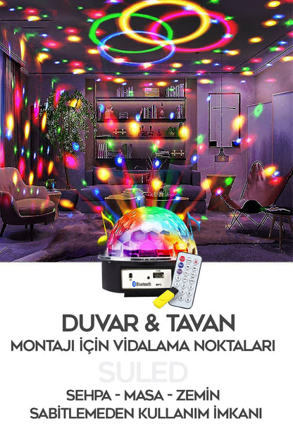 Disko Topu Led Işık Bluetooth Hoparlörlü USB Müzik Çalar Kumanda 360* Dönen Parti Eğlence Işığı 220V