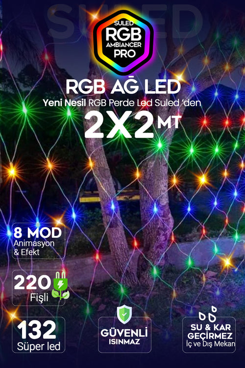 RGB Süsleme Işığı 2X2 Metre 220V 8 Modlu Renkli Ağ Led Işık 132 Led İç ve Dış Mekan Su Geçirmez