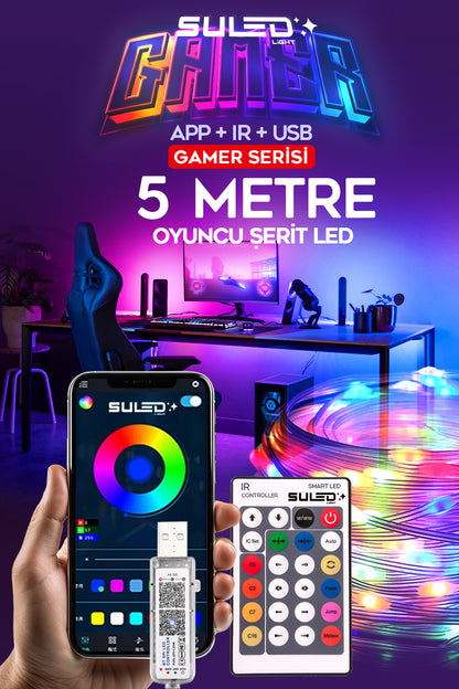 Gamer Led Aydınlatma 5 Metre RGB LED Bluetooth Uygulama ve Kumanda Kontrollü USB Sese Duyarlı