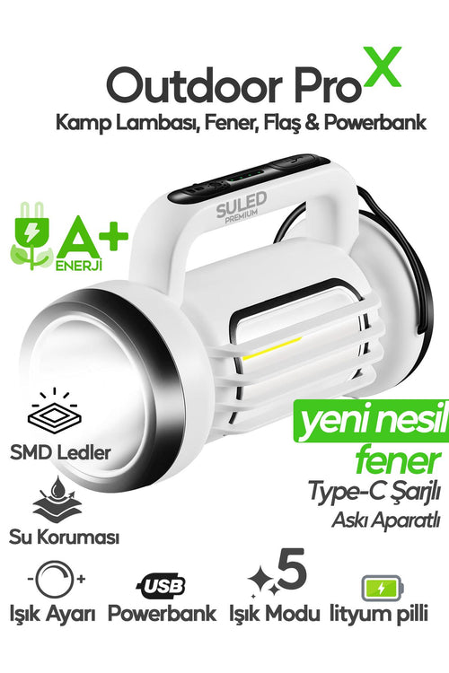 Outdoor Pro2 Işıldak Profesyonel Kamp Lambası ve Fener Şarjlı USB Powerbank Özellikli