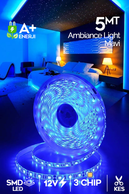 Şerit Led 5 Metre Beyaz Işık 3 Çipli Pro Ambiyans Aydınlatma Mutfak Salon Yatak Odası Led Işık