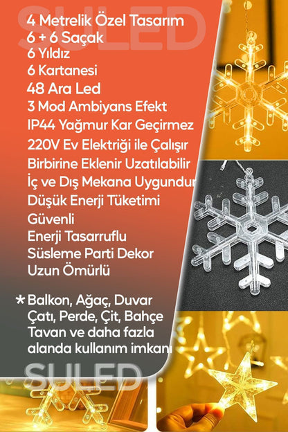Kar Tanesi 2,5 Metre 132 Led 12 Sarkıt Oda Parti Kutlama Dekor Süsleme Ledi 220v Sarı Led Işık
