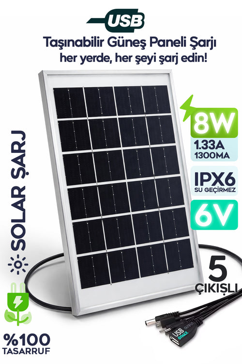 8W Güneş Enerjili Solar USB Şarj Paneli 6V USB Çıkışlı 2A Telefon Tablet ve USB Ürün Şarj Ünitesi