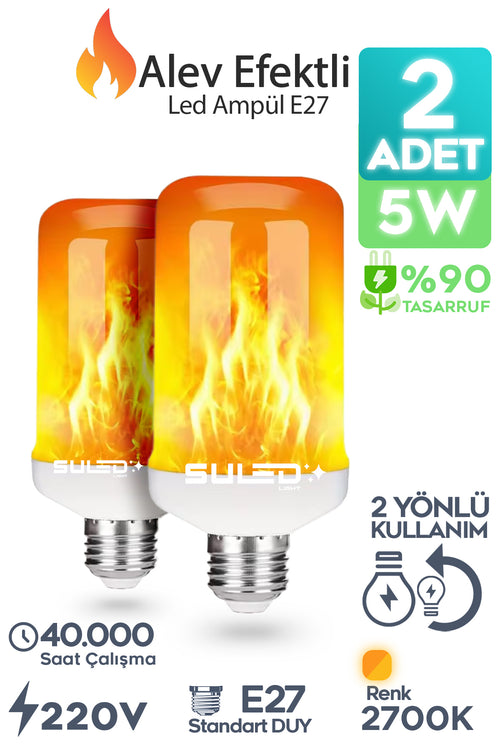 Alev Efektli Ampul 2'li Set Ateş Yanan Lamba E27 Duy Led Işık Şömine Ateş Kamp Lamba