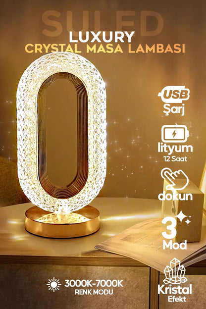 Crystall Akustik Masa Lambası 3 Modlu USB Şarjlı Oval Dekoratif Şık Masa Lambası Kristal Efekt