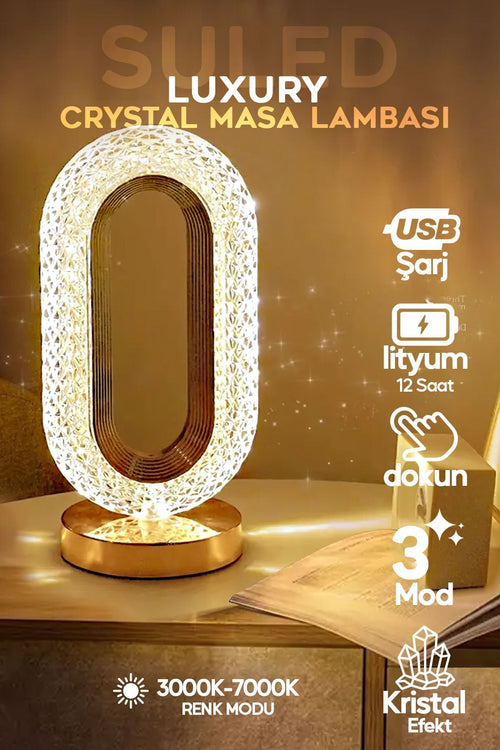 Crystall Akustik Masa Lambası 3 Modlu USB Şarjlı Oval Dekoratif Şık Masa Lambası Kristal Efekt