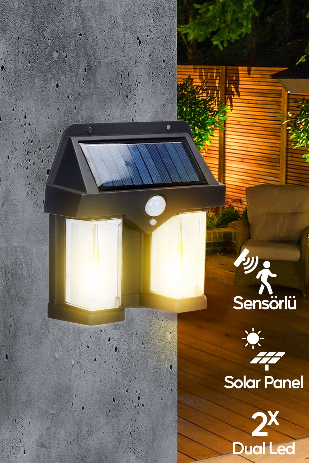 Sensörlü Solar Panelli 3 Modlu Pilli Otomatik Bahçe Aydınlatması Duvar Led Işık