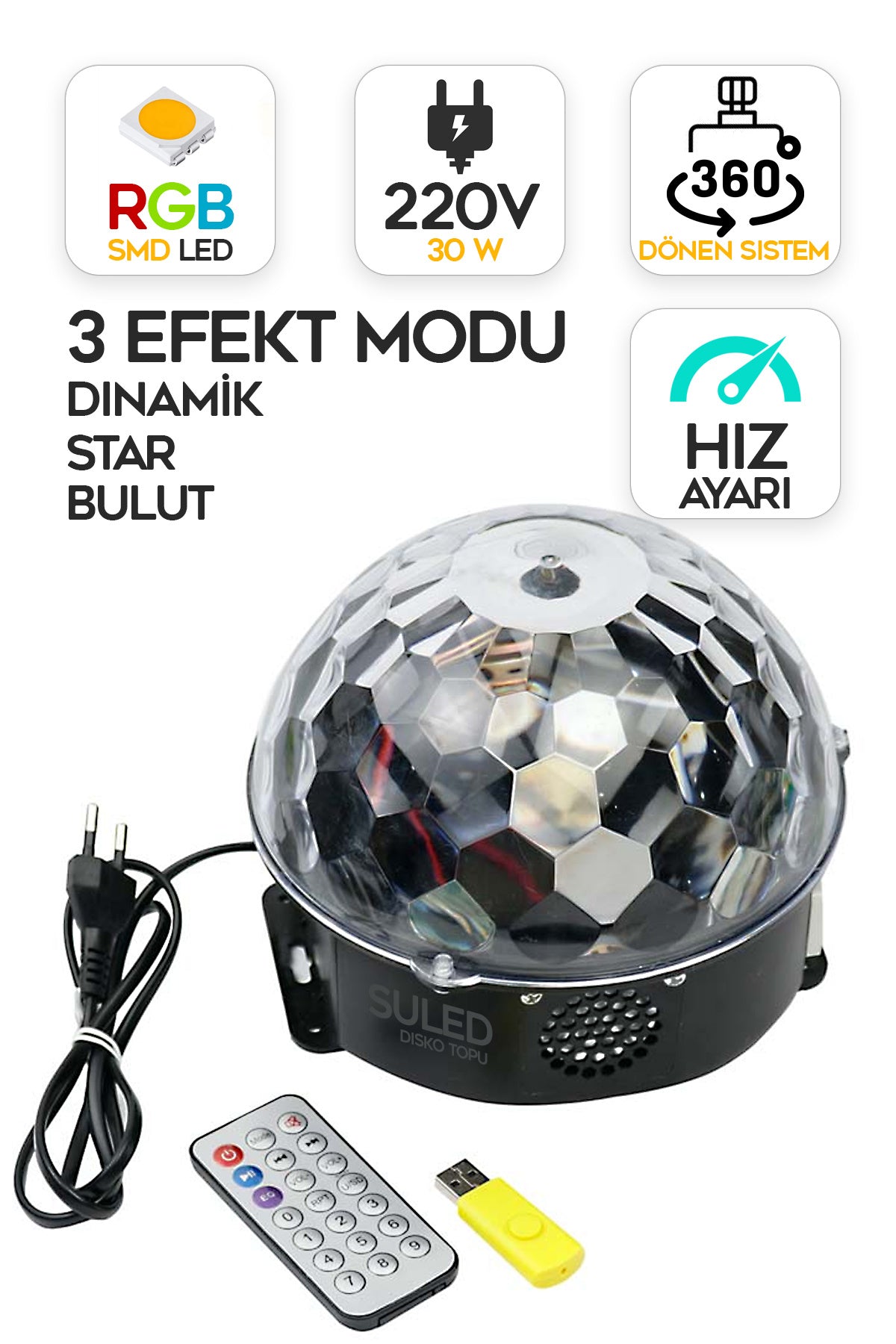 Disko Topu Led Işık Bluetooth Hoparlörlü USB Müzik Çalar Kumanda 360* Dönen Parti Eğlence Işığı 220V