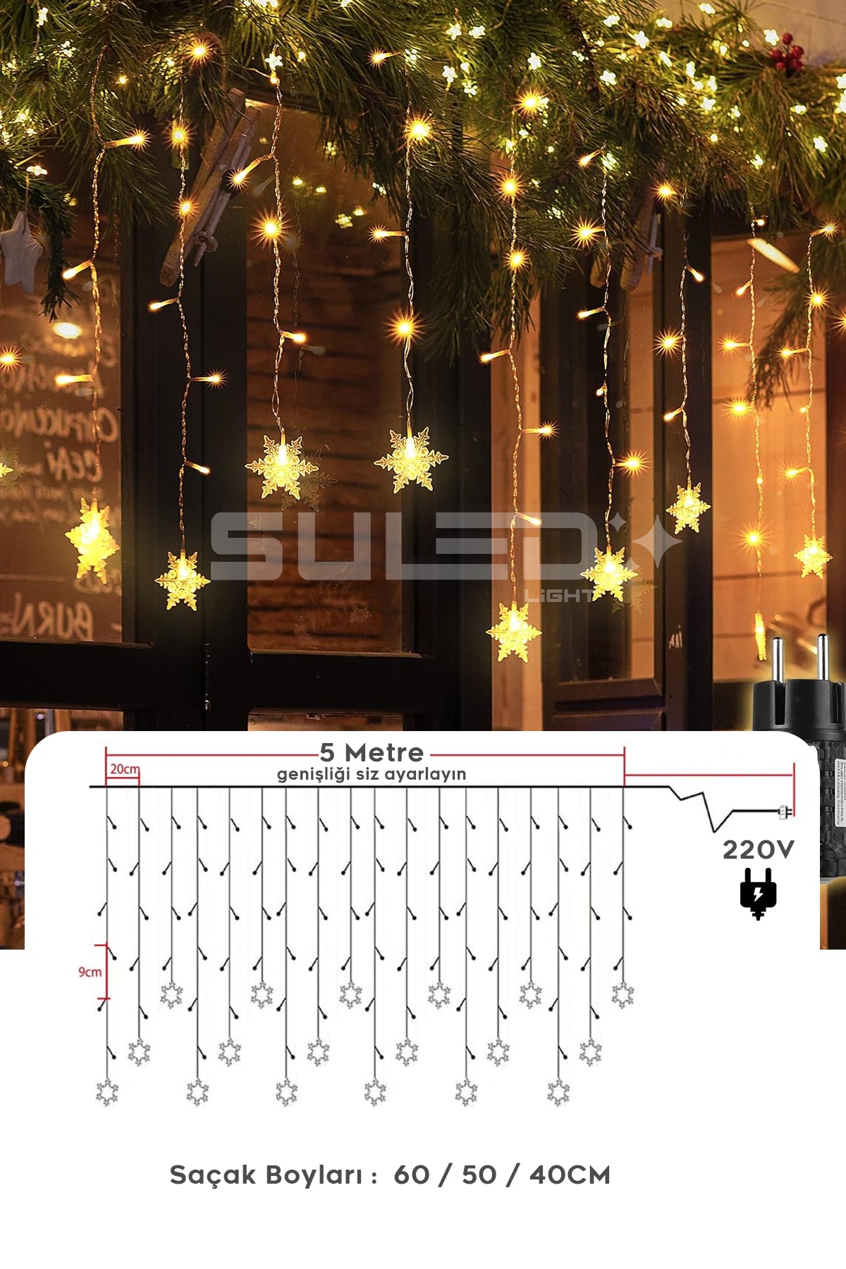Kar Tanesi 5 Metre Modlu Perde Led Işık 19 Saçak Gün Işığı 220V Fişli Dekoratif İç & Dış Mekan