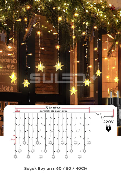 Kar Tanesi 5 Metre Modlu Perde Led Işık 19 Saçak Gün Işığı 220V Fişli Dekoratif İç & Dış Mekan
