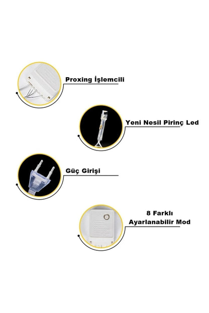 100led Fişli Pirinç Led 10 Mt Sarı 8 Modlu Şerit Led Dekor Lambası Animasyonlu Yılbaşı Ağacı Işığı