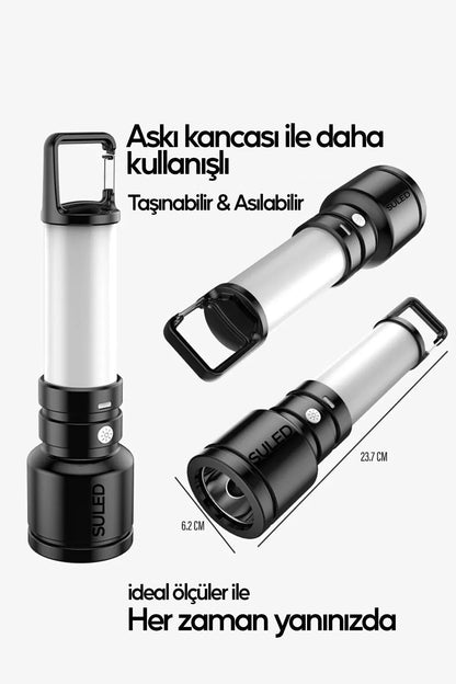 USB Şarjlı El Feneri ve Kamp Lambası 4 Modlu 10W A+ Led Işık Outdoor Askı Aparatlı Lityum Pilli
