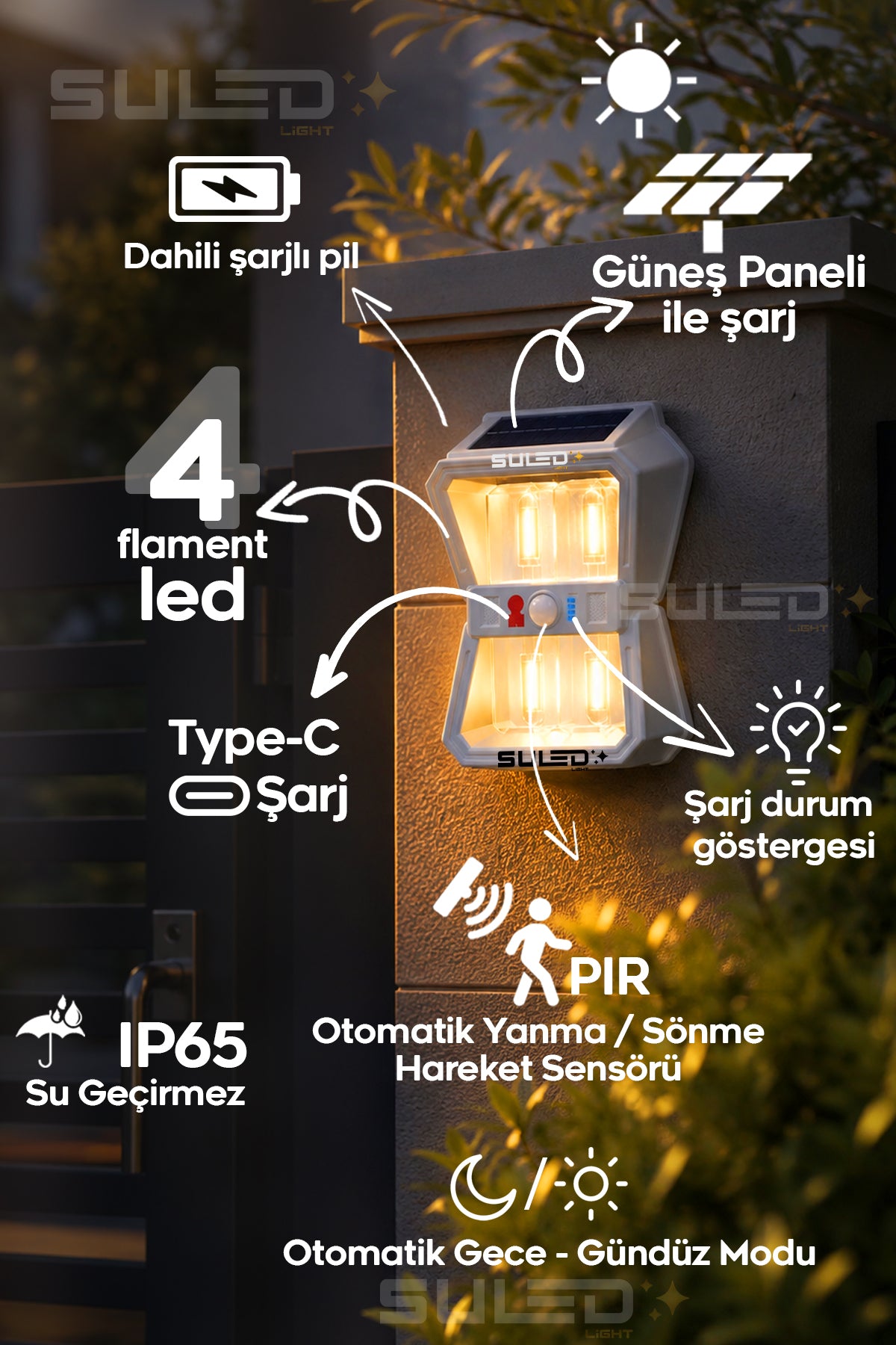 Sensörlü 4 Led Solar Panelli Pilli Otomatik Bahçe Aydınlatması Duvar Led Işık
