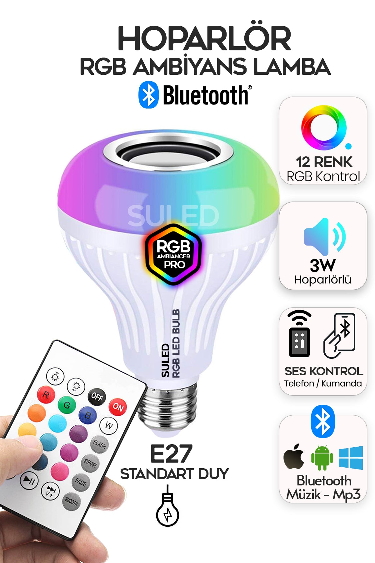 Hoparlörlü Bluetooth Led Ampül RGB Ambiyans Aydınlatmalı IOS ve Android Uyumlu Led Işık