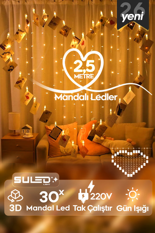 Kalpli Mandallı Led Işıklar 2,5 Metre 30 Led Mandal 220V 3D Dekoratif Fotoğraf Mandalı