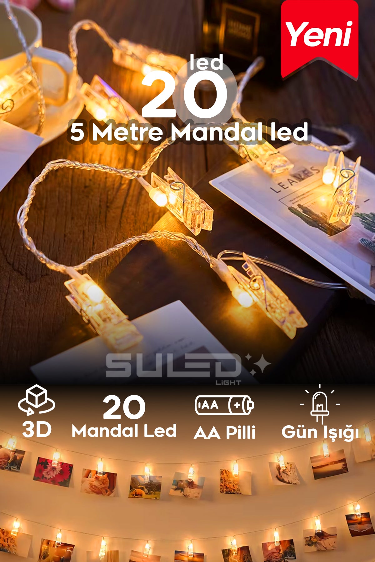 5 Metre 20 Led Mandal Işık 220V Fişli Dekoratif Oda Fotoğraf Not Süsleme Işığı