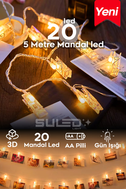 5 Metre 20 Led Mandal Işık 220V Fişli Dekoratif Oda Fotoğraf Not Süsleme Işığı