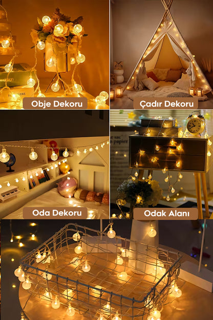 3 Metre 10 Kristal Top Ledli 220V Fişli Led Işık - Dekoratif Süsleme Işığı İç ve Dış Mekan Led Süs