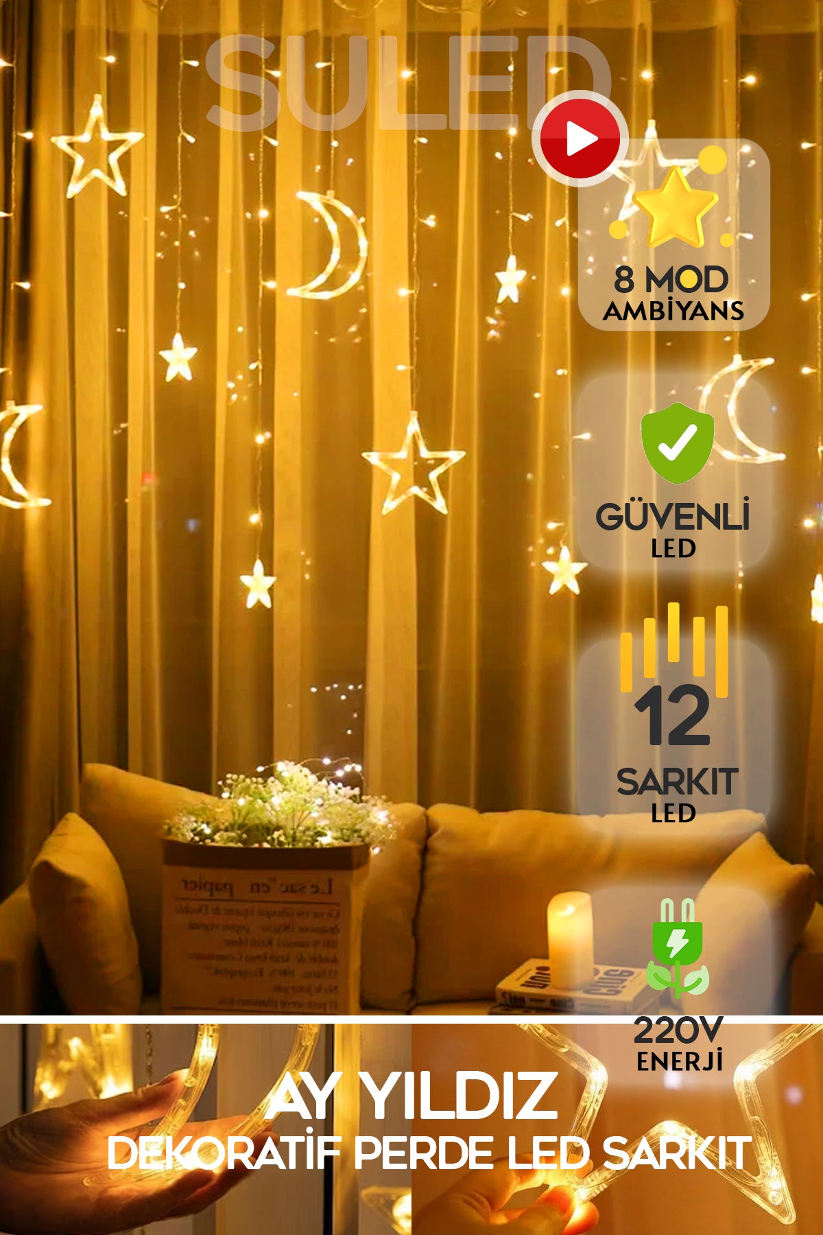 Sl-1037 Ay Yıldız Perde Led 8 Mod Saçaklı Perde Peri Mutfak Işık Dekoratif Lamba Led Işık