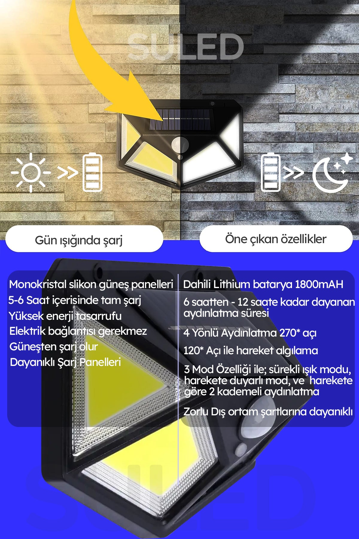 Profesyonel Sensörlü Bahçe Aydınlatma Lambası Solar Güneş Panelli Tam Otomatik 3 Modlu
