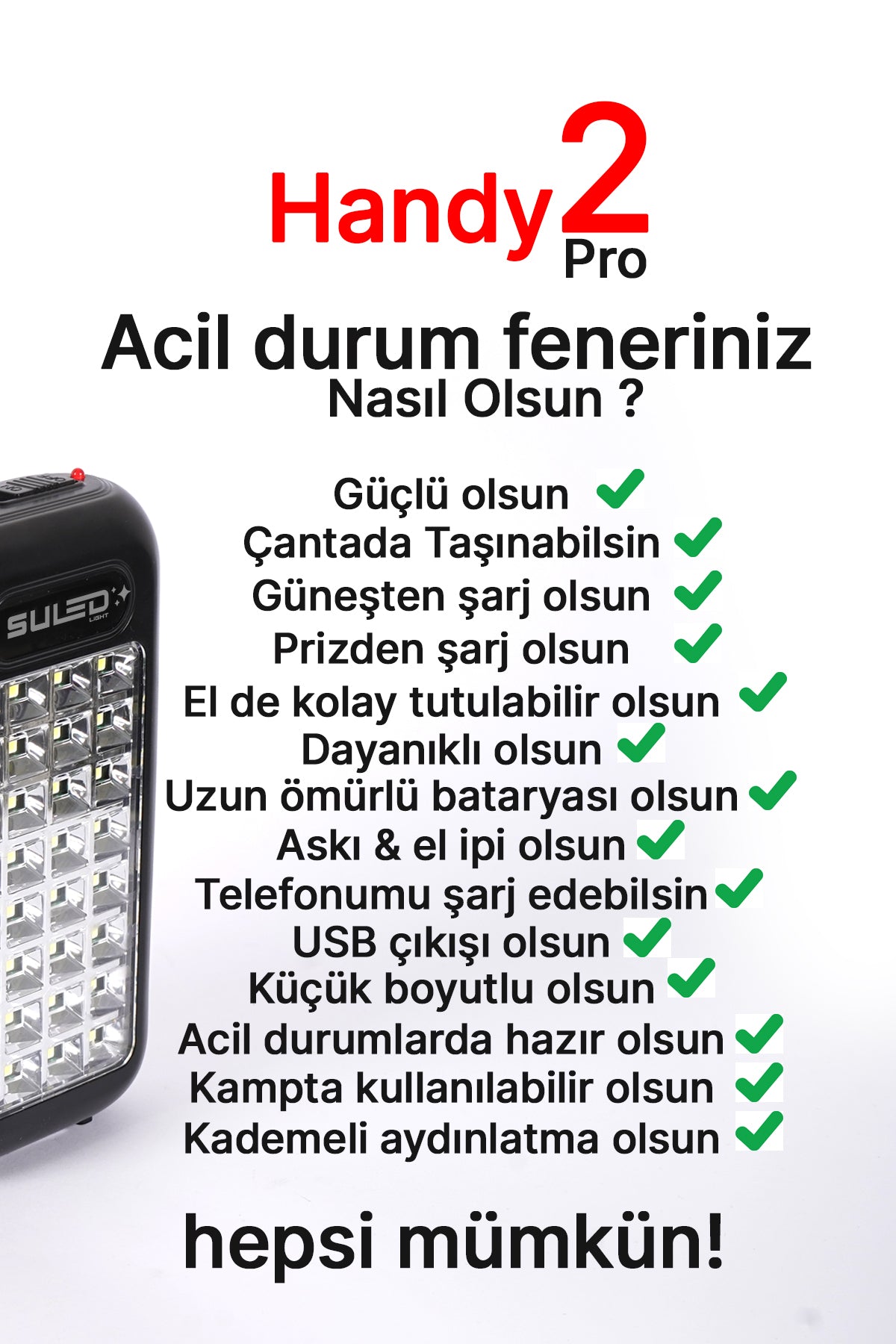 Güneş Panelli Handy Power Bank Fener Işıldak 32 Süper Smd Ledli El Feneri Ev Kamp Outdoor Aydınlatma