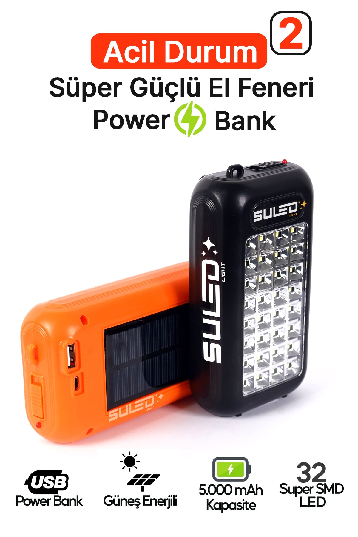 Güneş Panelli Handy Power Bank Fener Işıldak 32 Süper Smd Ledli El Feneri Ev Kamp Outdoor Aydınlatma