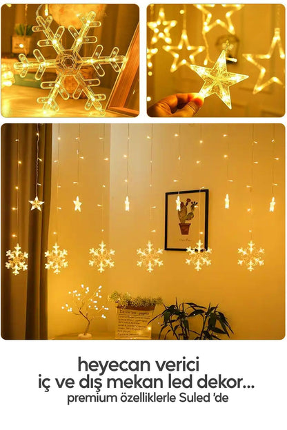 Kar Tanesi 2,5 Metre 132 Led 12 Sarkıt Oda Parti Kutlama Dekor Süsleme Ledi 220v Sarı Led Işık