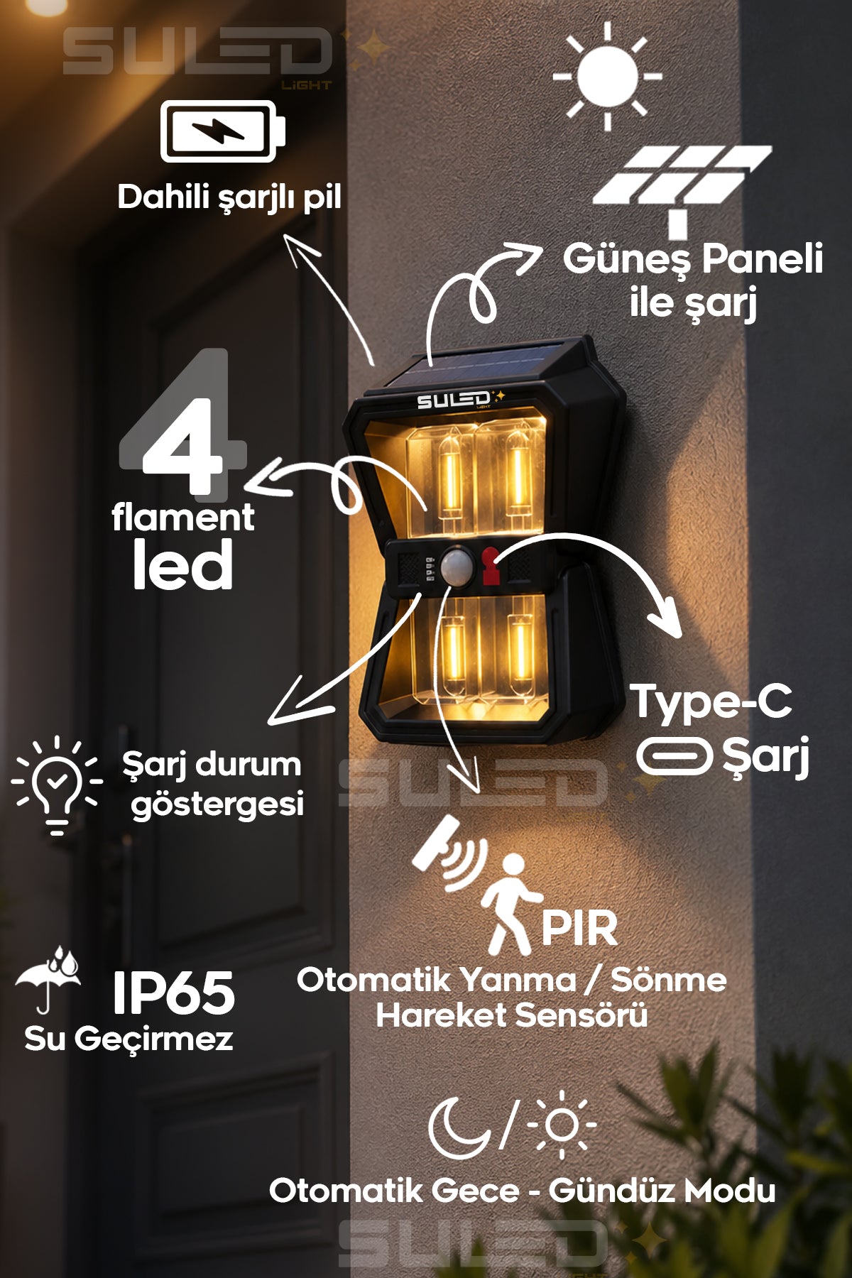 Sensörlü 4 Led Solar Panelli Pilli Otomatik Bahçe Aydınlatması Duvar Led Işık