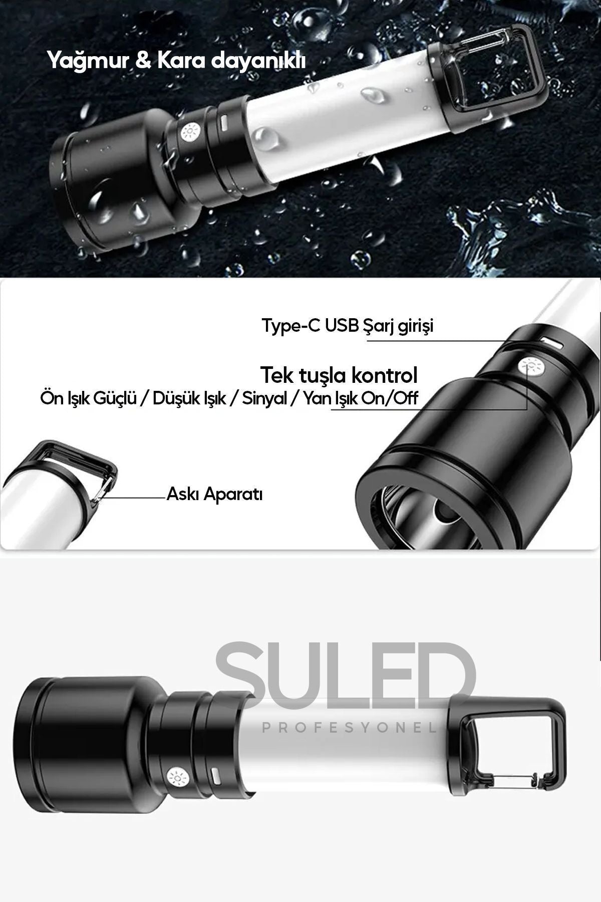 USB Şarjlı El Feneri ve Kamp Lambası 4 Modlu 10W A+ Led Işık Outdoor Askı Aparatlı Lityum Pilli