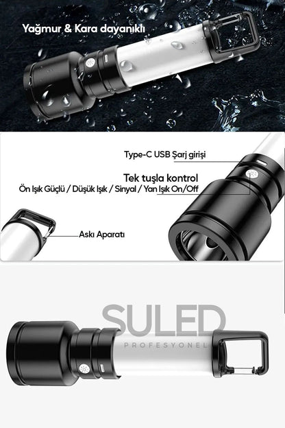 USB Şarjlı El Feneri ve Kamp Lambası 4 Modlu 10W A+ Led Işık Outdoor Askı Aparatlı Lityum Pilli