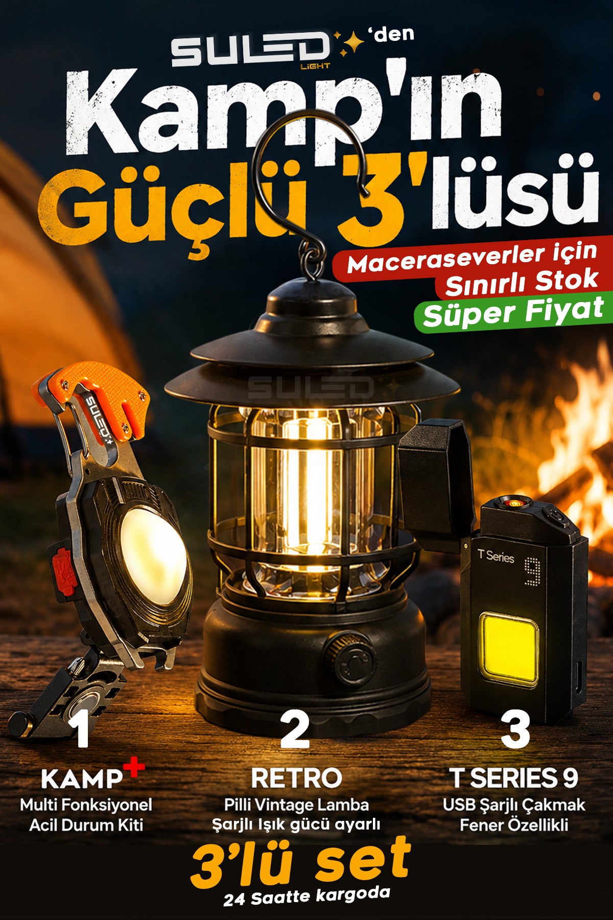 Kamp 'ın Güçlü 3'lüsü Acil Durum Kiti - Retro Lamba ve USB Çakmak Işık Seti Kamp
