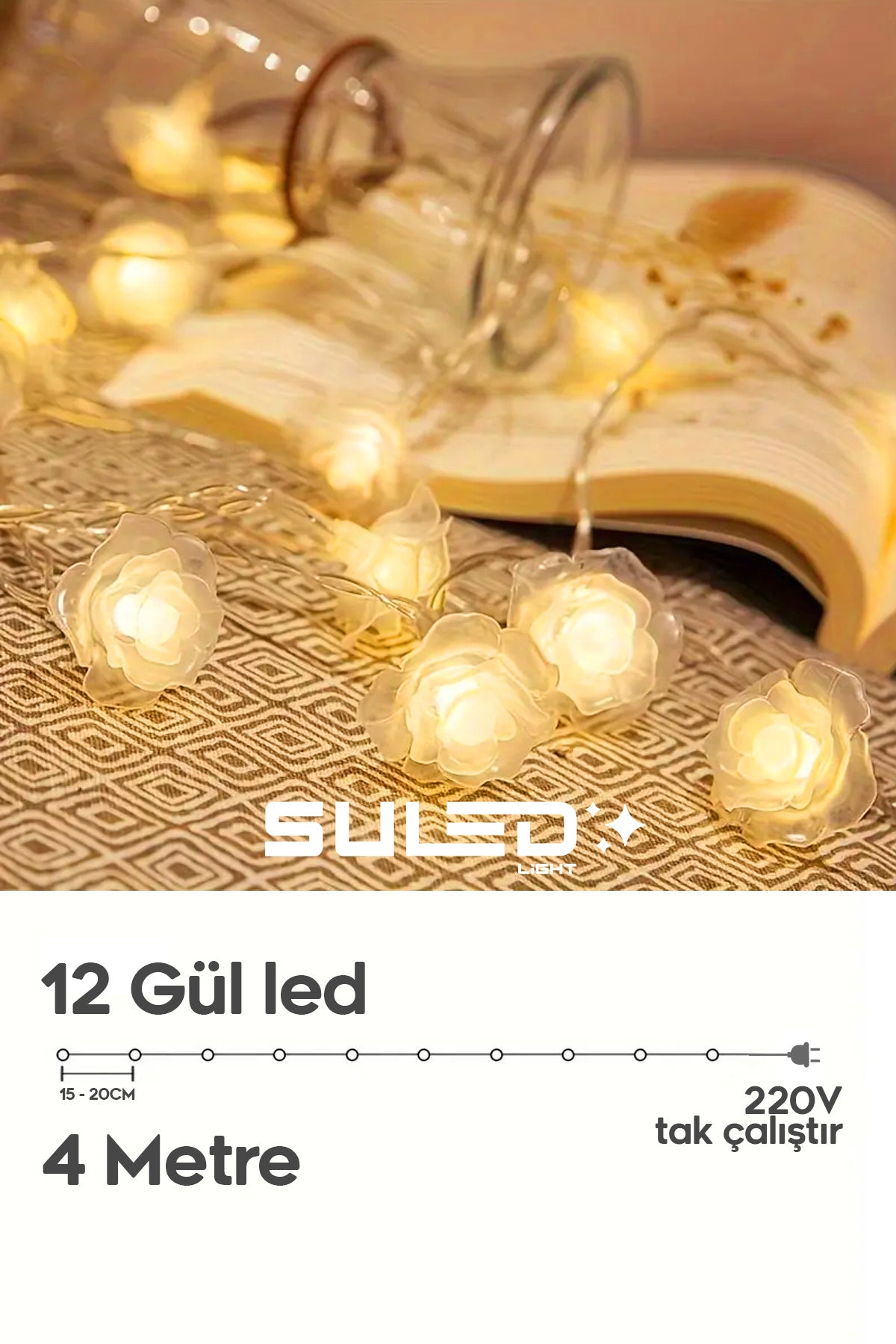 4 Metre Gül Led Işık Gün Işığı 220V Fişli Dekoratif Led Işık İç & Dış Mekan Süsleme Parti Ambiyans