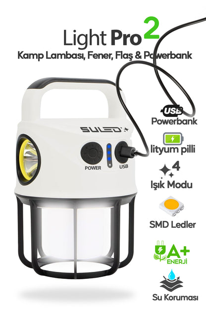 Light Pro2 Işıldak Profesyonel Kamp Lambası ve Fener Şarjlı USB Powerbank Özellikli