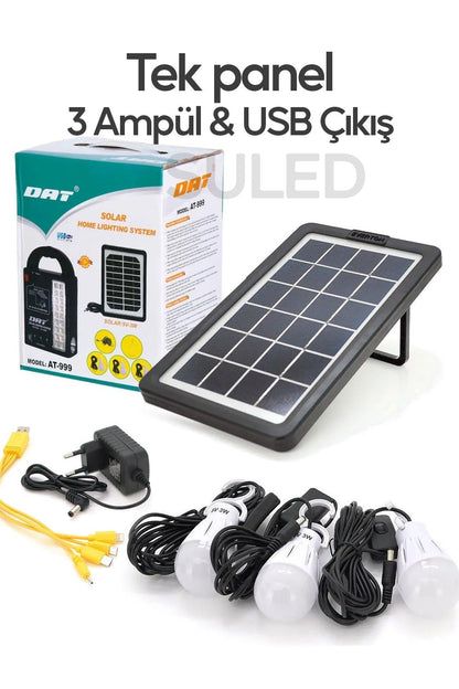 Solar Aydınlatma Seti 3 Lambalı 22 Amper Lithium Bataryalı USB Power Bank Led Işıldak Fener