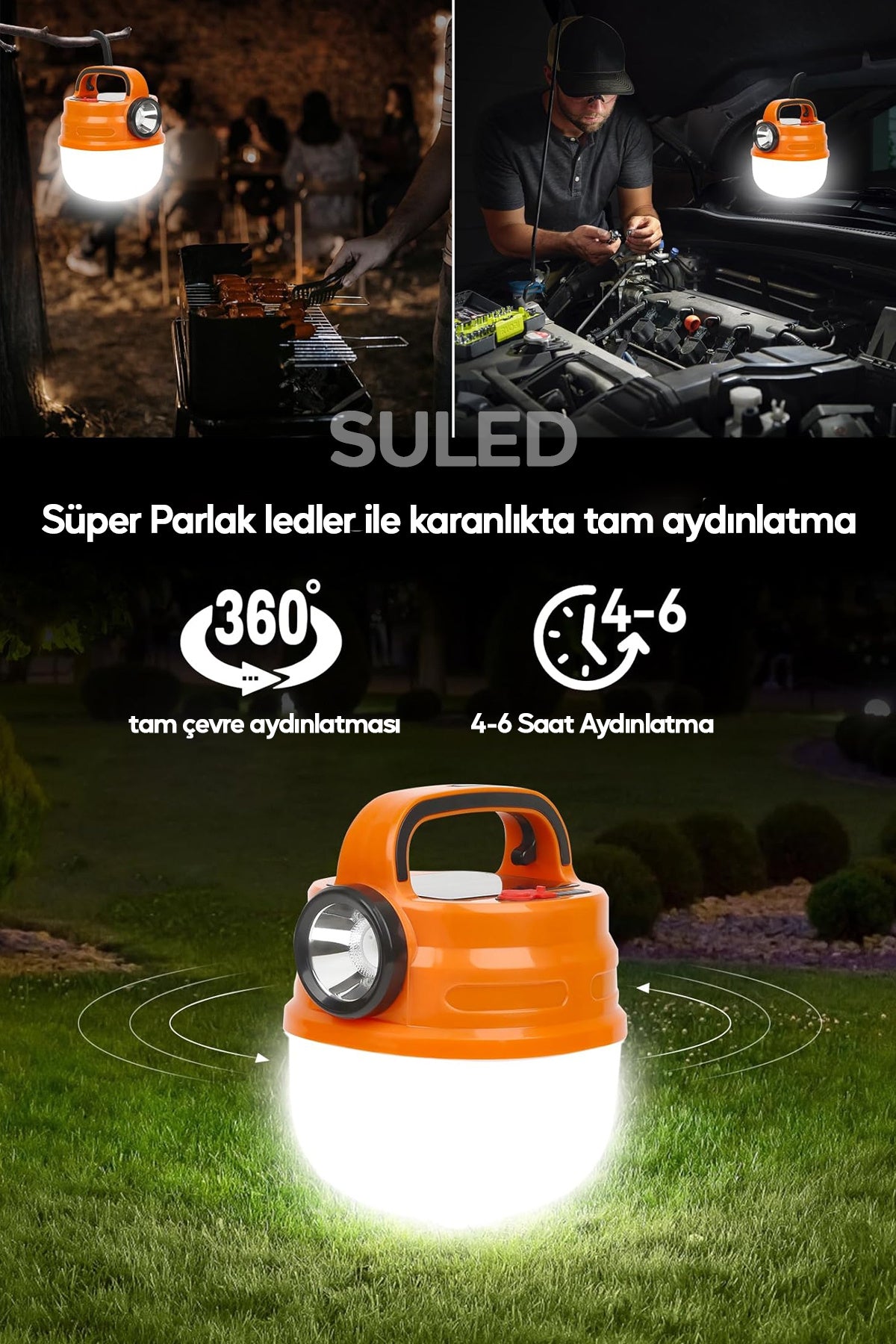 6 Modlu El Feneri ve Kamp Lambası USB & Solar Şarjlı SMD Led Askılı Taşınabilir Işık
