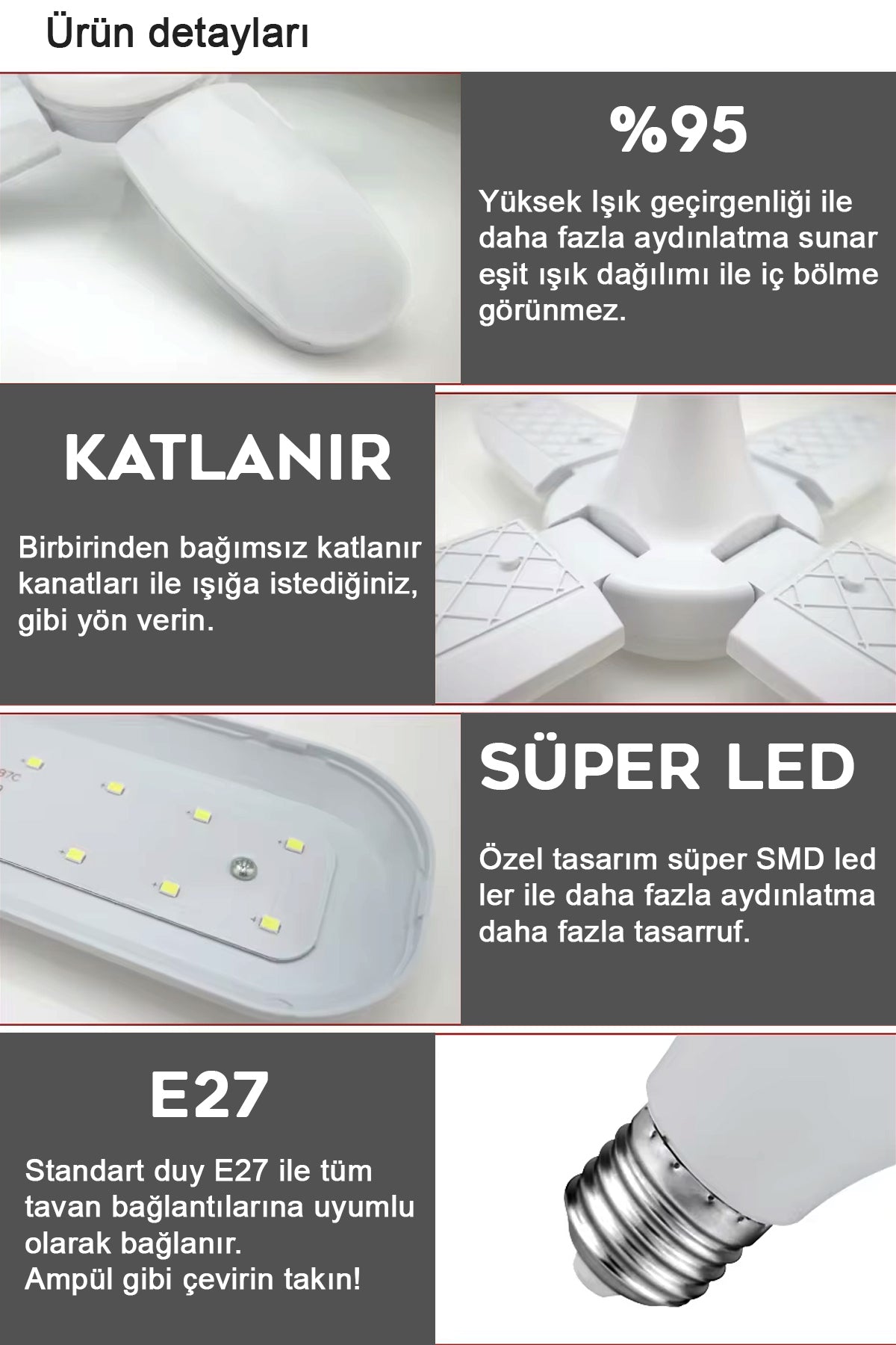 Pervane 4 Kanat Led Ampül 50W 5000 Lümen Süper Güçlü E27 Lamba A Kalite Beyaz Işık