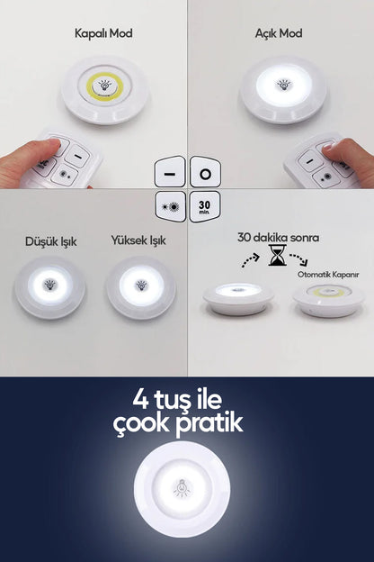 Pilli Uzaktan Kumandalı Montajsız Yapışkanlı 3'lü Spot Led Işık Lamba Raf Niş Dolap Mutfak Işığı