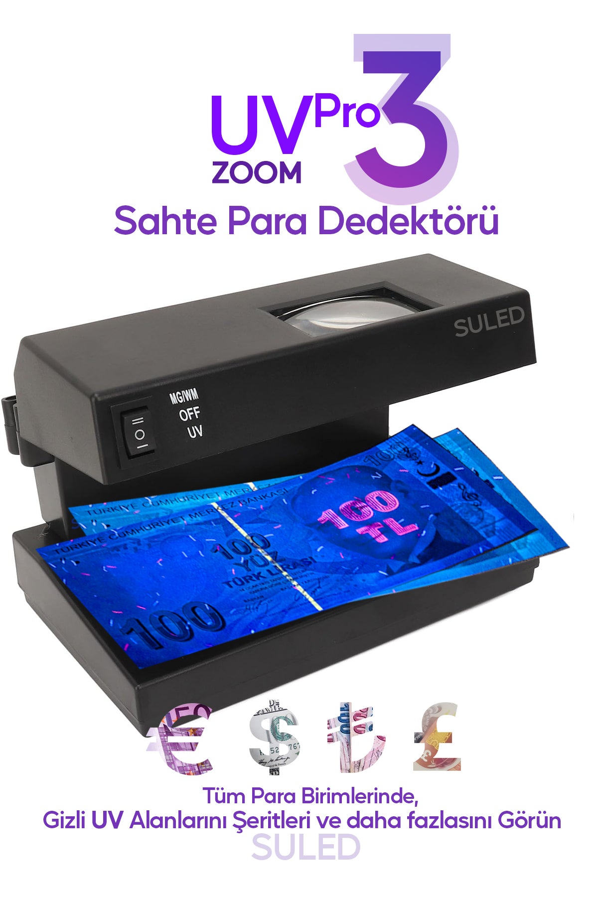UV Pro3 Zoom Sahte Para Kontrol Cihazı Güçlü UV Mor Işık Profesyonel Sahte Para Dedektörü 220V