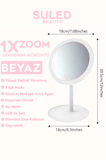 Beyaz Makyaj Aynası 3 Modlu Led Işıklı USB Şarjlı Yuvarlak Taşınabilir Açı Ayarlı Güzellik Aynası