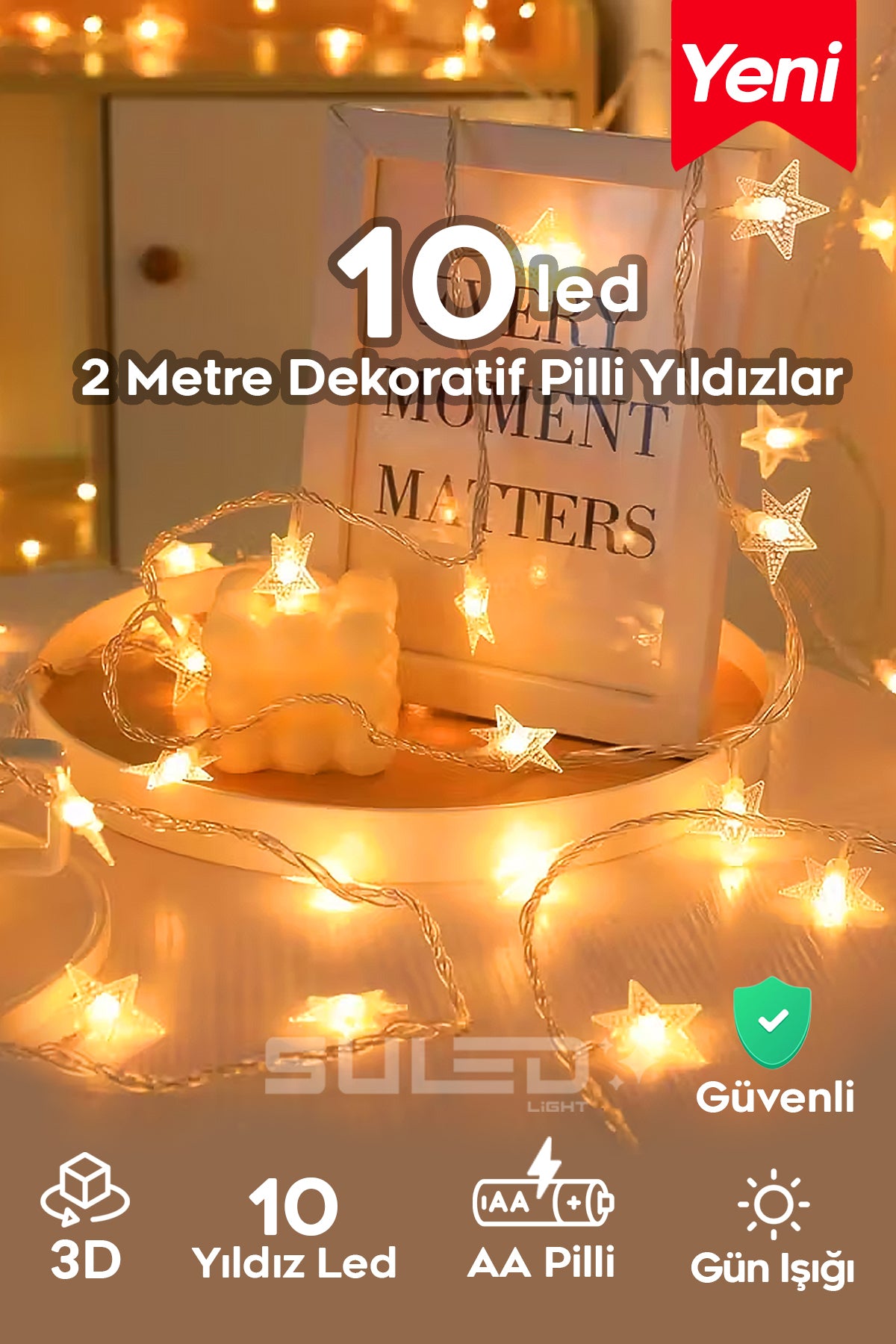 2 Metre Pilli 10 Yıldız Kristal Led Işık Dekor Süsleme Işığı İç ve Dış Mekan Dekorasyon Parti Süsü