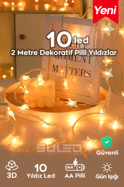 2 Metre Pilli 10 Yıldız Kristal Led Işık Dekor Süsleme Işığı İç ve Dış Mekan Dekorasyon Parti Süsü