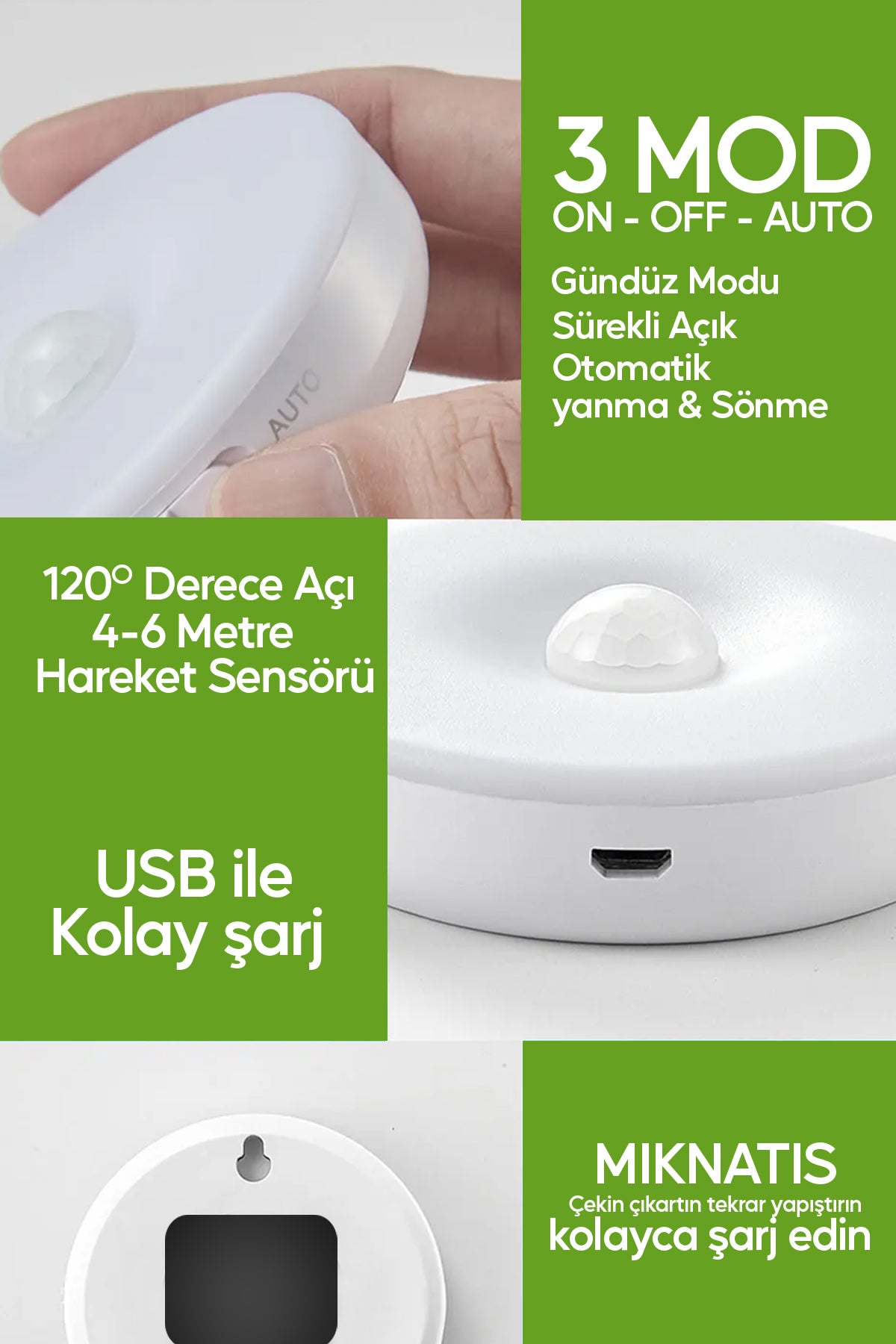 Hareket Sensörlü Led Işık USB Şarjlı Mıknatıslı Harekete Duyarlı Işık