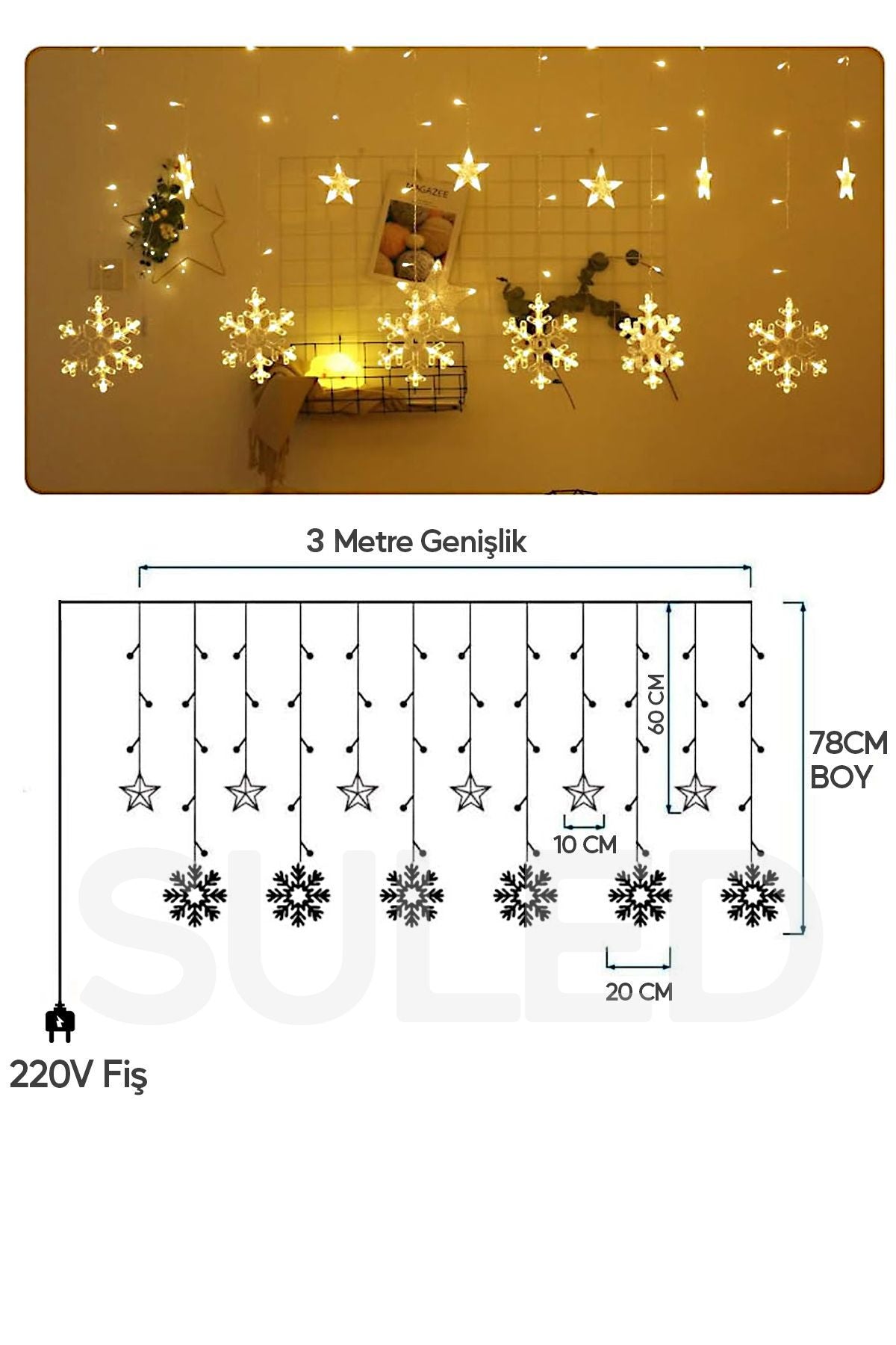 Kar Tanesi Led Sarkıt Oda Parti Kutlama Dekor Süsleme Ledi 3 Metre 3mod 220v Sarı Led Işık