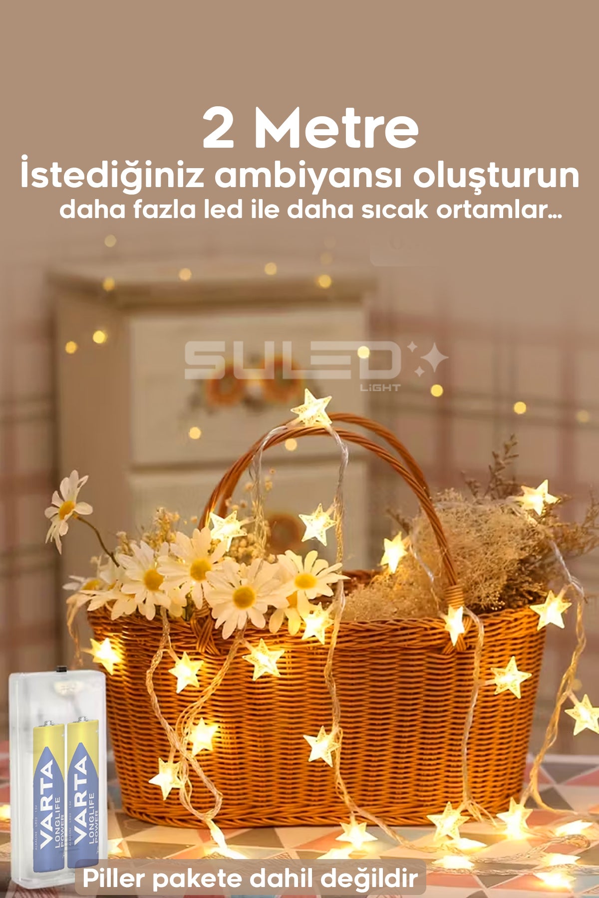 2 Metre Pilli 10 Yıldız Kristal Led Işık Dekor Süsleme Işığı İç ve Dış Mekan Dekorasyon Parti Süsü