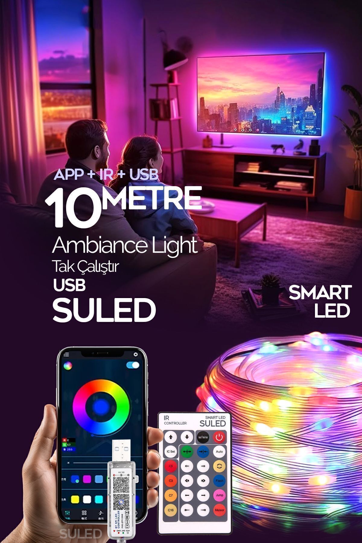 10 Metre Bluetooth Telefon Kontrollü Smart Şerit Led Sese Duyarlı Kumandalı Led Işık