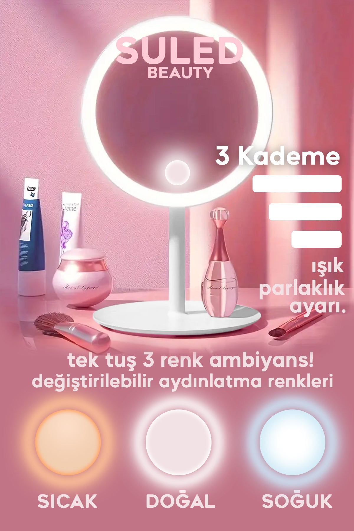 Beyaz Makyaj Aynası 3 Modlu Led Işıklı USB Şarjlı Yuvarlak Taşınabilir Açı Ayarlı Güzellik Aynası