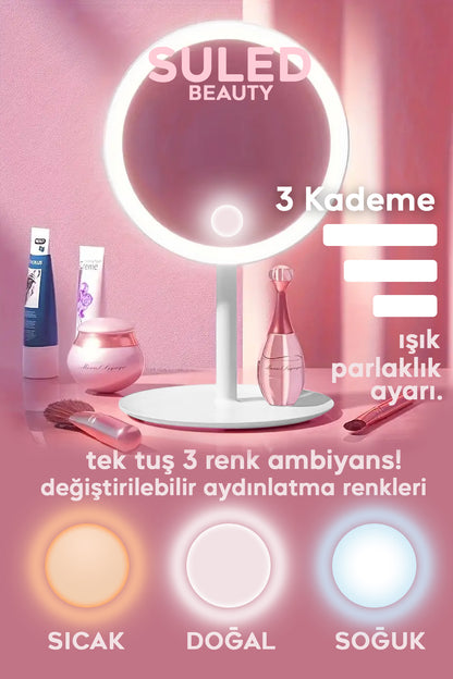 Beyaz Makyaj Aynası 3 Modlu Led Işıklı USB Şarjlı Yuvarlak Taşınabilir Açı Ayarlı Güzellik Aynası