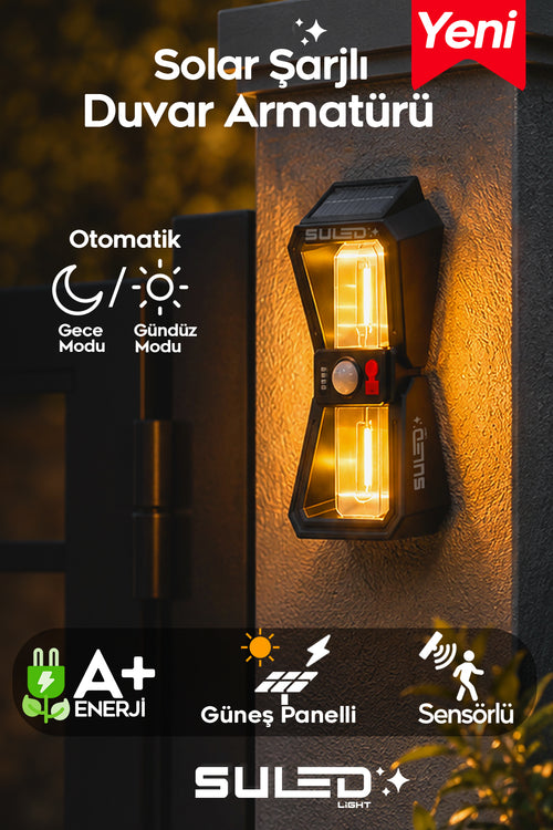 Sensörlü 2 Led Solar Panelli Pilli Otomatik Bahçe Aydınlatması Duvar Led Işık